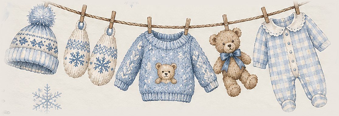 A clothesline of knit baby clothes: a hat, mittens, a teddy-bear sweater, a teddy bear and a gingham romper